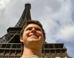 A photo of Bernie underneath the Eiffel tower